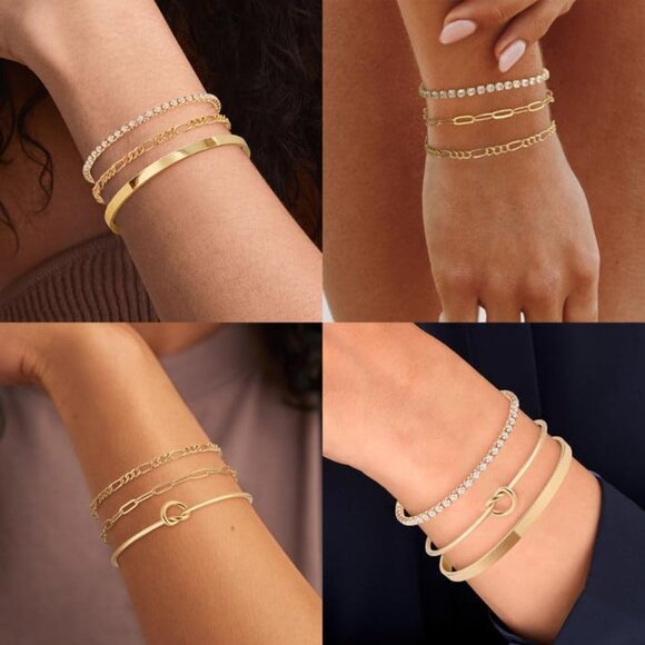 14K Real Gold-D Plated Bangle Cuff Non Tarnish Trendy Stack Bracelets for Women - Picture 7 of 7